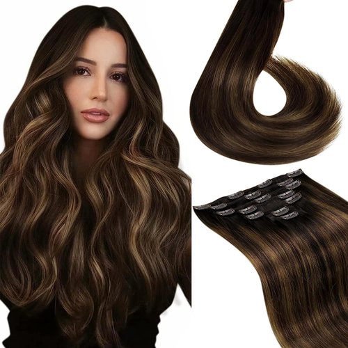 LaaVoo Clip in Hair Extensions Real Human Hair Balayage Remy Hair Extensions Clip ins Dark Brown to Light Brown Real Hair Extensions Clip in Human Hair Double Weft 20 Inch 7pcs 120g