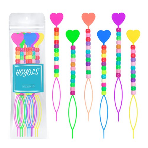 Hoyols Quick Hair Beader for Loading Beads Braid Stringer Hair Beading Tools Kit Ponytail Maker Styling Magic Topsy Hair Tail for Kids Girls Colorful (6pcs Multi Color w/beads)