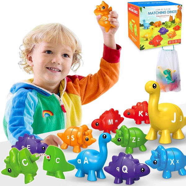 TEWIWAP ABC Matching Dinos Alphabet Learning Toy, Dinosaurs for Toddlers, Toys for Kids 4-6, Montessori Learning Toys for 3 4 5 Year Old, Fine Motor Toys (26PCS Dinos with 26 Letters)