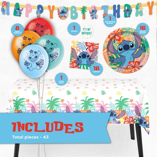 Lilo and Stitch Birthday Party Decorations for 16 | Banner, Tablecloth, Balloons, Stitch Plates and Napkins, Sticker | Stitch Birthday Decorations | Officially Licensed