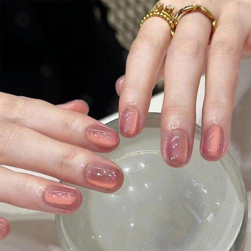 DOCVOEOMH Cat Eye Press on Nails Short Square Nude Pink Acrylic Fake Nails with Design Glue on Glossy Full Cover Artificial Gel False Stick on Nail for Girls Women Wedding Manicure Gifts 24Pcs