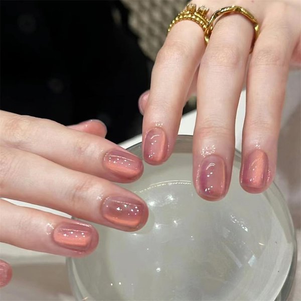 DOCVOEOMH Cat Eye Press on Nails Short Square Nude Pink Acrylic Fake Nails with Design Glue on Glossy Full Cover Artificial Gel False Stick on Nail for Girls Women Wedding Manicure Gifts 24Pcs