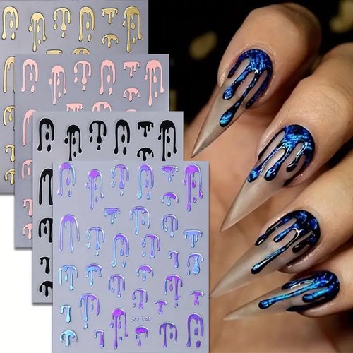 4-Sheets Halloween Nail Art Stickers - AZTSYT 3D Black Rose, Golden &amp; Silvery Laser Bloody Design...