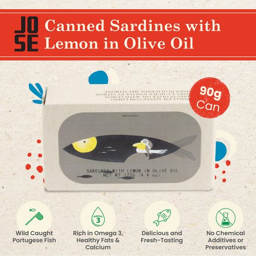 Canned Sardines with Lemon and Olive Oil by Jose Gourmet, Wild Caught Portuguese Sardines, Canned Fish in Olive Oil, Omega 3, Fair Trade, 125g Can
