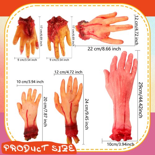 Haconba 6 Pieces Halloween Body Parts Fake Severed Hands Scary Broken Hands Prop for Prank Halloween Haunted House Escape Room Party Decorations, 6 Styles