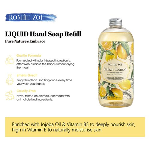 ROMIIE ZOI Liquid Hand Soap Refill, Lemon Scented Hand Soap, Gentle & Moisturizing Formula, 750 ML/ 26 FL OZ