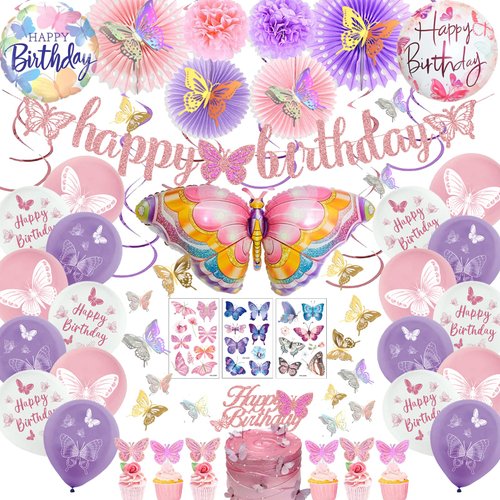 Butterfly Birthday Party Decorations Supplies, Pink & Purple Butterfly Birthday Decorations Include Paper Fans Foil Balloons Happy Birthday Banner Tattoos Wall Stickers Cake Toppers