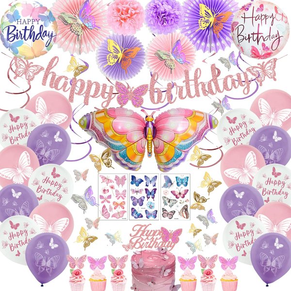 Butterfly Birthday Party Decorations Supplies, Pink & Purple Butterfly Birthday Decorations Include Paper Fans Foil Balloons Happy Birthday Banner Tattoos Wall Stickers Cake Toppers