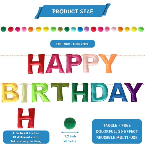 2 Pcs 118 Inch Pre Strung Happy Birthday Felt Fabric Banner Felt Ball Garland Reusable Natural Handmade Felt Letters & Balls Happy Birthday Sign for Birthday Party Decor(Rainbow Color)