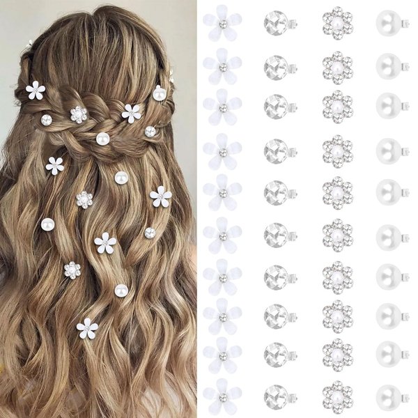 YISSION 40Pcs Mini Flower Hair Clips Cute Rhinestone Hair Pins Small Pearl Hair Clips Decorative Hair Clips Wedding Hair Barrettes White Hair Clips Bridal Hair Accessories for Girls Women