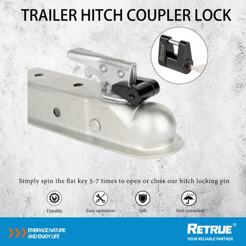 RETRUE Trailer Tongue Coupler Lock, Trailer Hitch Lock,Dia 1/4 Inch, 3/4 Inch Span for Tow Boat RV Truck Car's Coupler (1 Pack, Black)