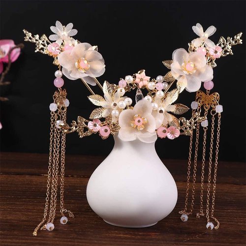 5Pcs Alloy Hair Sticks Pins Long Tassel Hanfu Chinese Flower Hair Clips Crystal Hair Pins Headwear Sets for Women and Girls