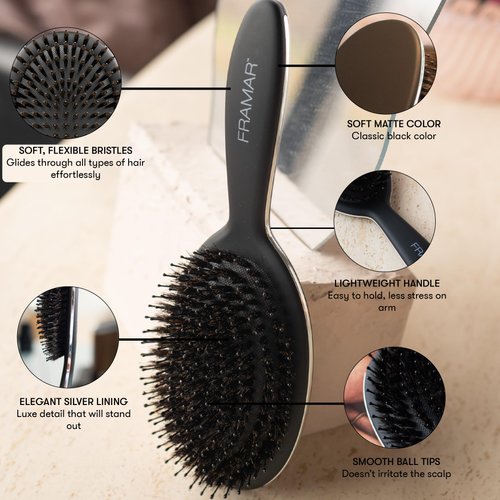 FRAMAR Soft Boar Bristle Hair Brush - Boars Hair Brush For Women, Boar Bristle Brush For Fine Hair, Boar Brush For Fine Hair, Boar Hair Brush Women, Natural Bristle Hair Brush Boar Bristles – Black