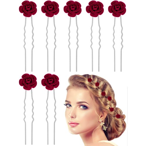 Bencailor 24 Pieces Red Rose Bridal Hair Pins Flower Hair Clips U Shaped Hair Jewelry Accessories for Bridal Wedding Dance Birthday Woman Girls Small Bobby Pins for Hair