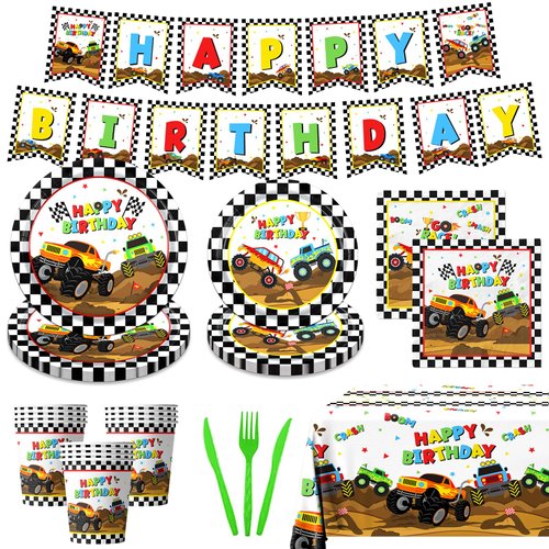 Dydamud Monster Truck Party Supplies,Monster Machine Happy Birthday Checkered Tableware Sets Include Monster Trucks Theme Party Paper Plate Napkins for Monster Truck Birthday Party Decorations