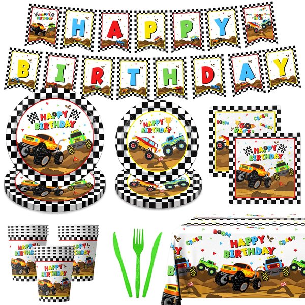 Dydamud Monster Truck Party Supplies,Monster Machine Happy Birthday Checkered Tableware Sets Include Monster Trucks Theme Party Paper Plate Napkins for Monster Truck Birthday Party Decorations