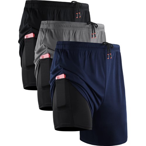 NELEUS Men's 2 in 1 Running Shorts with Liner,Dry Fit Workout Shorts with Pockets,6070,3 Pack,Black/Grey/Navy Blue,Medium