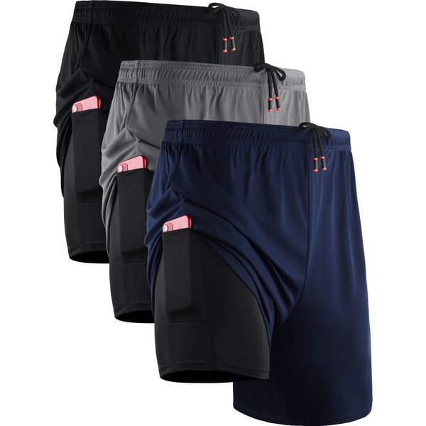 NELEUS Men's 2 in 1 Running Shorts with Liner,Dry Fit Workout Shorts with Pockets,6070,3 Pack,Black/Grey/Navy Blue,Medium