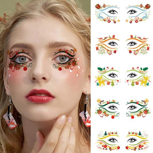 10 Pairs Christmas Eye Shadow Temporary Tattoo Stickers Colorful Eyeliner Stickers Waterproof Fake Tattoos Elk Deer Bow Xmas Trees Snowflake Makeup Transfer Eyeshadow Face Stickers for Carnival Party