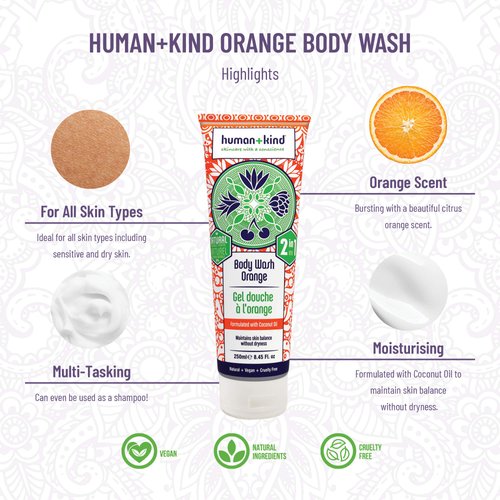 Human+Kind Body Wash - Natural, Moisturizing Body Soap with Coconut Oil - A Gentle, Soothing Cleanse for Dry, Sensitive Skin - Three Fresh Scents: Orange, Grapefruit, and Apple and Herbs - 8.45 oz