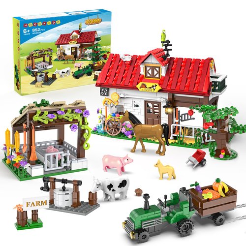 HOGOKIDS Farm House Building Toy for Grils Boys - 852 PCS Valentine's Day City Farm Animals Building Block Set with Horse Tractor Farm Tools | Creative Easter Gift for Kids Ages 6 7 8 9 10 11 12+