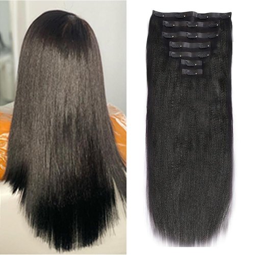 Light Yaki Straight Human Hair Extensions PU Clip in Hair Extensions Natural Black 14 Inch 120g Kinky Straight Natural Remy Seamless Clip ins Human Hair Extensions