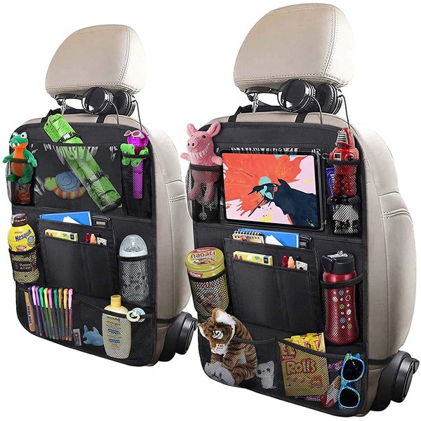 ULEEKA Car Backseat Organizer with 10" Table Holder, 9 Storage Pockets Seat Back Protectors Kick Mats for Kids Toddlers, Travel Accessories, 2 Pack