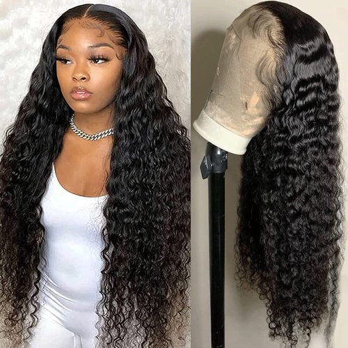 Deep Wave Lace Front Wigs Human Hair 13x4 HD Transparent Lace Frontal Wigs Human Hair for Black Women 180% Density Glueless Wigs Human Hair Deep Curly Wigs Pre Plucked with Baby Hair (22 Inch)