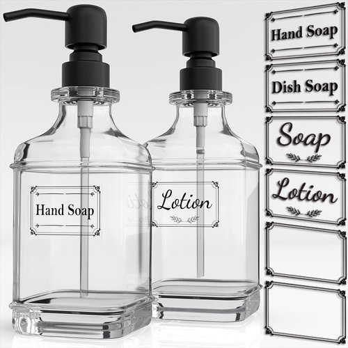 GLADPURE Soap Dispenser - 2 Pack, 18 Oz Antique Design Thick Glass Hand Dispensers; with 304 Rust Proof Stainless Steel Pump, 6Pcs Clear Stickers, for Kitchen, Bathroom Black