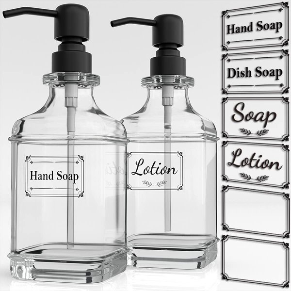 GLADPURE Soap Dispenser - 2 Pack, 18 Oz Antique Design Thick Glass Hand Dispensers; with 304 Rust Proof Stainless Steel Pump, 6Pcs Clear Stickers, for Kitchen, Bathroom Black