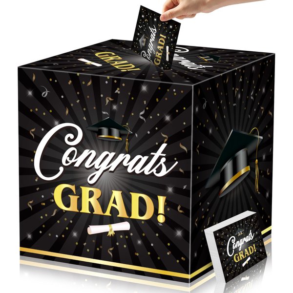 JOYIN 9" Graduation Decorations Card Box with 36 PCS Cards (Black & Gold), Congrats Grad Money Box for Class of 2025 Grad Party Decoration, Gift Holder for Graduation Party Favor Supplies