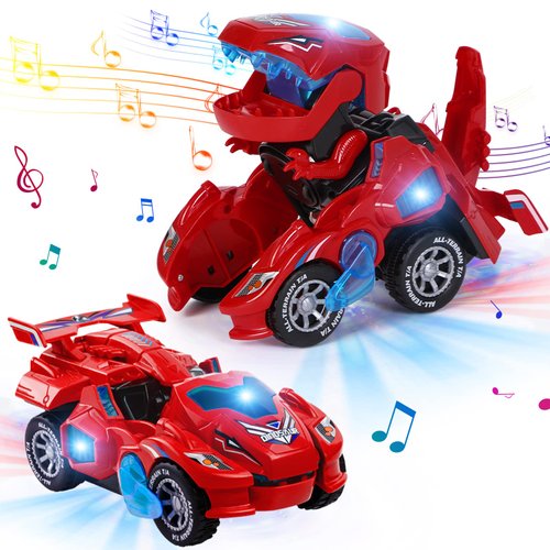 Refasy Toys for 4 Year Old Boys,2 in 1 Transforming Dinosaur LED Car with Music Kids Toys Dinosaur Toys Birthday Gifts for Boys Girls(Red)