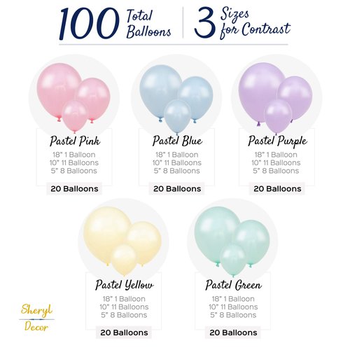 100 Pastel Balloons Assorted Colors & Size – Rainbow Birthday Party Decorations – Macaron Balloons in Blue, Purple, Yellow, Green & Pink – Matte Colored Supplies for Spring, Candy, Easter, & Unicorn