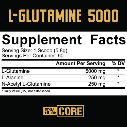 5% Nutrition Core L-Glutamine 5000 Supplement w/L-Alanine | Immune & Digestive Support | Amino Acid Muscle Builder Post Workout Recovery | Unflavored (60 Servings)