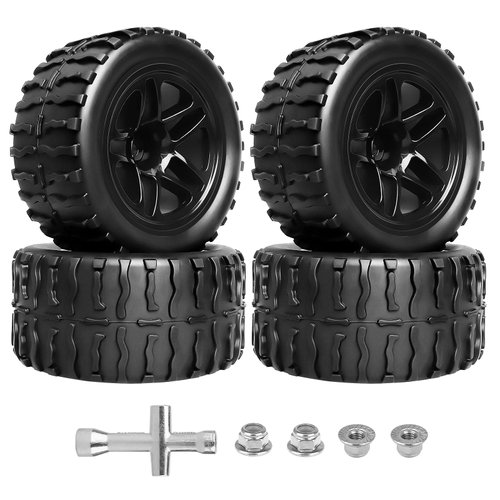 FriHobby Pre-Glued 1/10 Scale RC Truck Wheels and Tires 12mm Hex 2.8 RC MT Tires Compatible with Traxxas Stampede Rustler Hoss Redcat Volcano Blackout XTE 1/10 RC Monster Truck 2S-4S Brushless Power