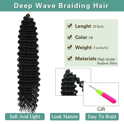 Curly Braiding Hair 22 Inch, Ocean Wave Crochet Hair for Black Women 3 Packs 1B#, Deep Wave Crochet Braiding Synthetic Hair Extensions for Boho Braids(1B#,22 inch 3 Packs)