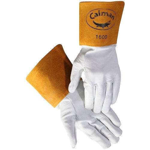 Caiman Premium Goat Grain TIG Welding Gloves, 4-Inch Gold Extended Cuff, Unlined, White/Gold, Small (1600-3)