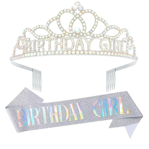 KICOSY Birthday Crown and Sashes for Women Princess Tiara Headband Elegant Sliver Crown for Girls Birthday Headpieces Hair Accessories Rhinestone Decoration Gifts Aurora Borealis Crystal Tiaras