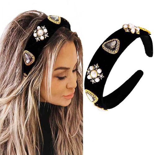 Sinalty Baroque Wide Headbands Black Velvet Crystal Hairband Vintage Hair Band Custome Hair Accessories for Women