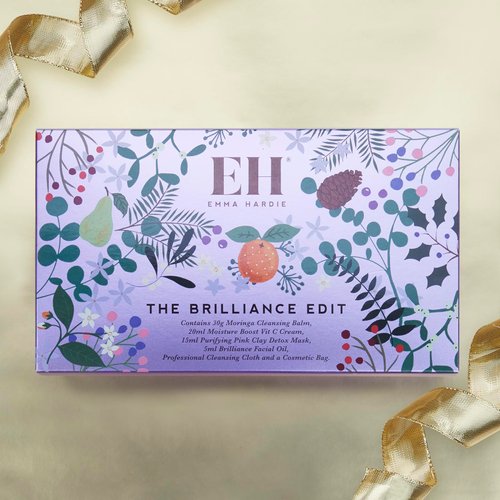Emma Hardie Brilliance Holiday Gift Set with Moringa Cleansing Balm, Reusable Cleansing Cloths, Vitamin C Cream, Purifying Pink Clay Mask and Brilliance Facial Oil, With Cosmetic Bag, Travel Size