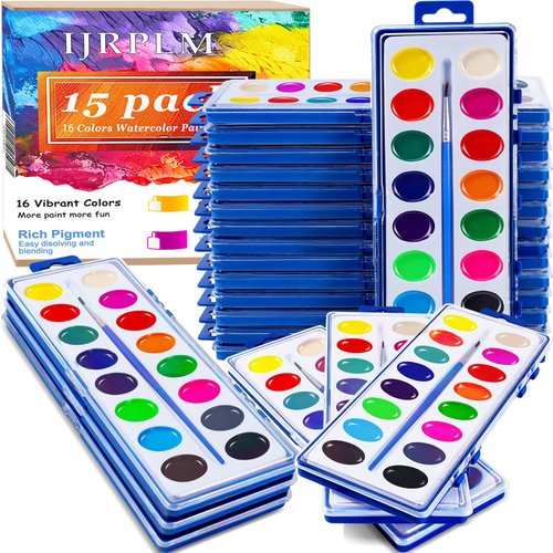 IJRPLM 15 Pack Watercolor Paint Set for Kids,16 Colors Washable Paint with Paint Brushes,Washable Water Colors Paint for Kids and Adults,Watercolor Paint for Classroom Party Favor Art Activities