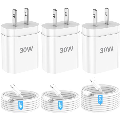 Phone Charger Fast Charging for iPhone 16 15, 30W USB C Wall Charger Block with Long Type C Cable Cord for iPhone 16/16 Pro Max/15/15 Pro Max/15 Plus/iPad Pro 12.9/11/Samsung, 3 Pack (White)