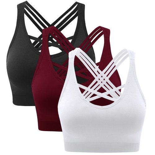 ANGOOL Strappy Sports Bras for Women,Medium Support Wirefree Yoga Bra Activewear 3 Pack L