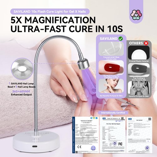 SAVILAND Gooseneck U V Lamp for Gel X Nails: Touch Switch 12W U V Nail Lamp 5S Quick Drying LED Fast Curing Lamp Rechargeable Gel X Lamp 3 Timers Setting 360° Adjustable Home Salon Manicure Nail Dryer