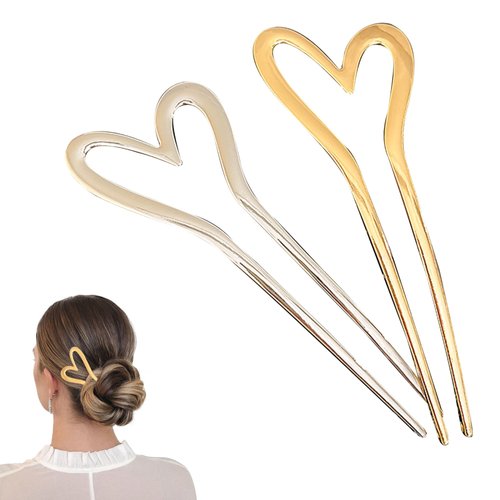 2-Pack Gold Metal U-Shaped Heart Hair Sticks, Hairpins, and Elegant Hair Accessories for Women and Girls
