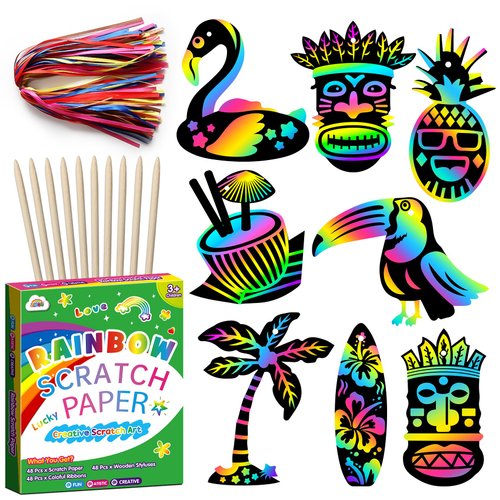 ZMLM Scratch Art Paper Kids - 48 Pcs 8 Style Hawaiian Party Rainbow Art Craft Scratch Paper for Party Favor Game Supplies Decoration Halloween Christmas Birthday Gift for Ages 4 5 6 7 8+ Girls Boys