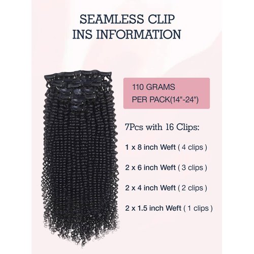 Seamless Clip in Hair Extensions Human Hair Kinky Curly Clip in Hair Extensions, 14 Inch 110g Natural Black Hair Extensions Clip ins, Ultra-thin 0.8mm PU Weft Clip in Hair Extensions Real Human Hair