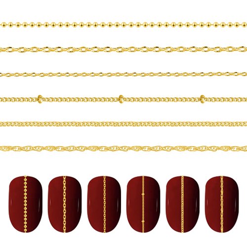 6 Strips Nail Charm Chains for Nail Art Chains Gold Studs Nail Charms Nail Strips Punk, 3D Nail A...