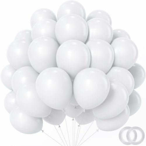 PatiCool White Balloons - 12 inch 100pcs Latex - Round White Birthday Balloons with 2 Ribbons, Helium White Balloons for Birthday Party, Wedding, Anniversary, Baby Shower Decorations