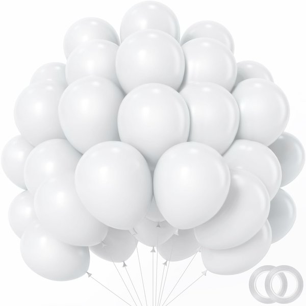 PatiCool White Balloons - 12 inch 100pcs Latex - Round White Birthday Balloons with 2 Ribbons, Helium White Balloons for Birthday Party, Wedding, Anniversary, Baby Shower Decorations